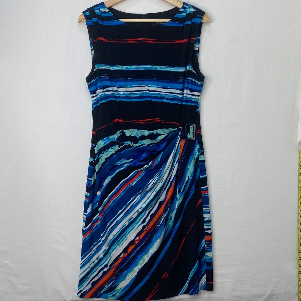 Tahari Womens 10 Sleeveless Dress Black with Blue and Orange Abstract Stripes